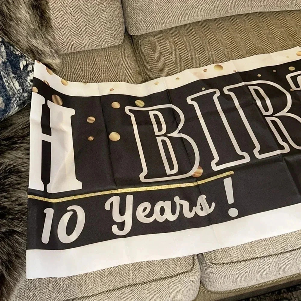 happy 10th birthday party celebration hanging plastic banner black/white/gold